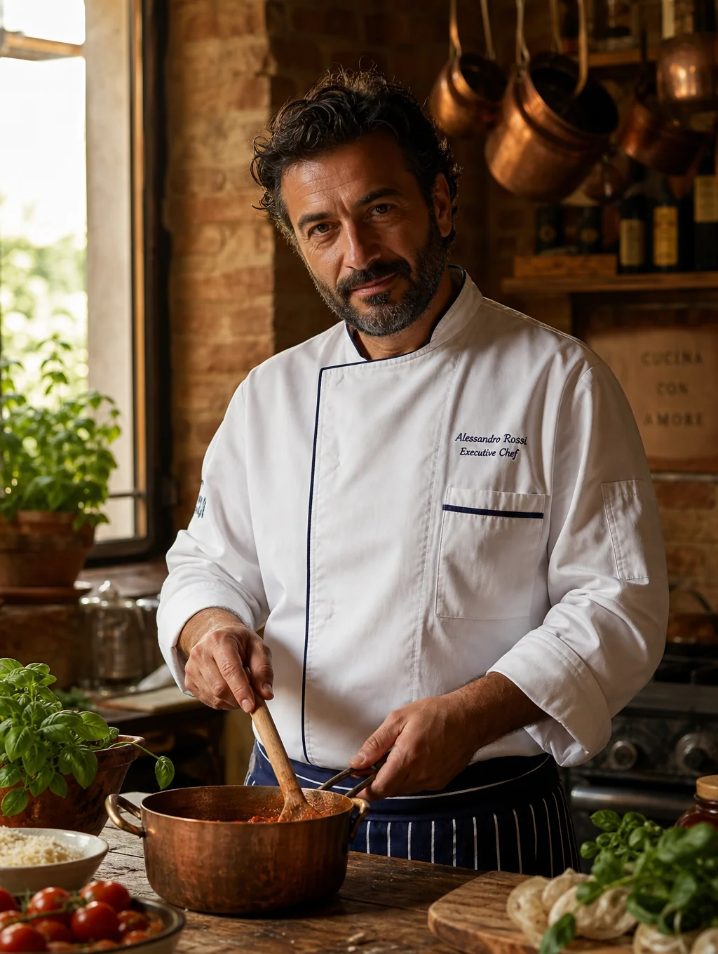Chef Alessandro Rossi plating a signature dish in the Mella kitchen