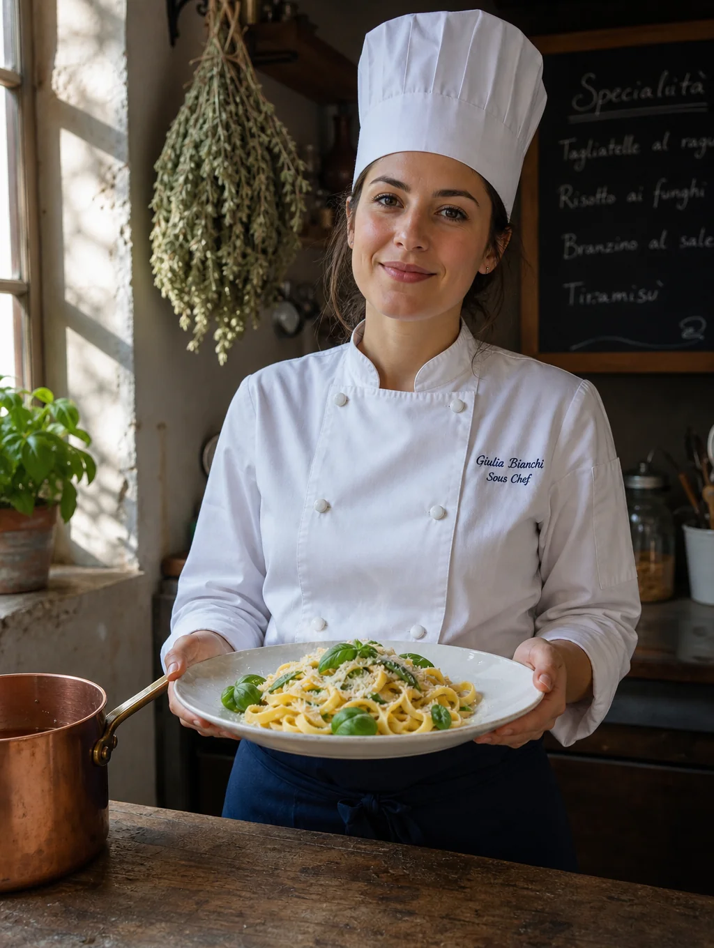 Chef Giulia Bianchi preparing delicate pastry in the Mella kitchen