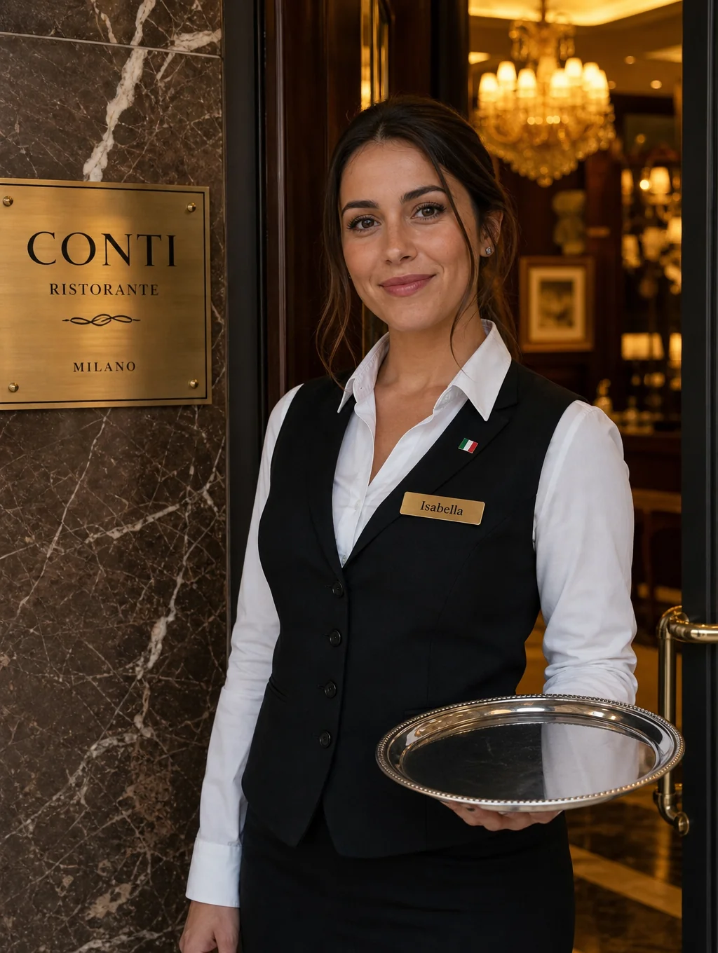 Isabella Moretti welcoming guests in the Mella dining room