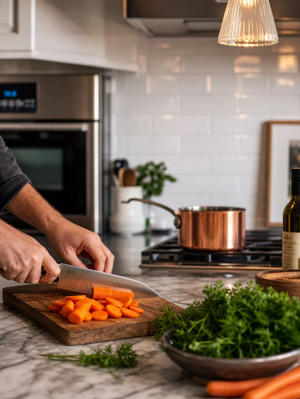 Marble chef counter with a view of the open kitchen and pasta preparation