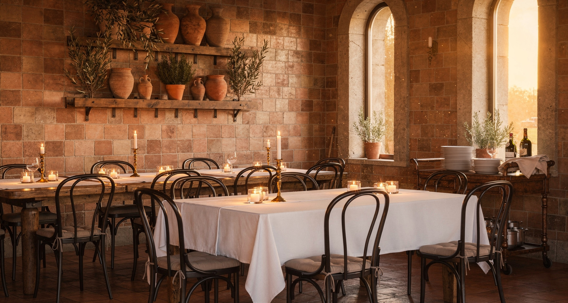 Spacious Italian dining room with rustic brick walls and warm ambient lighting