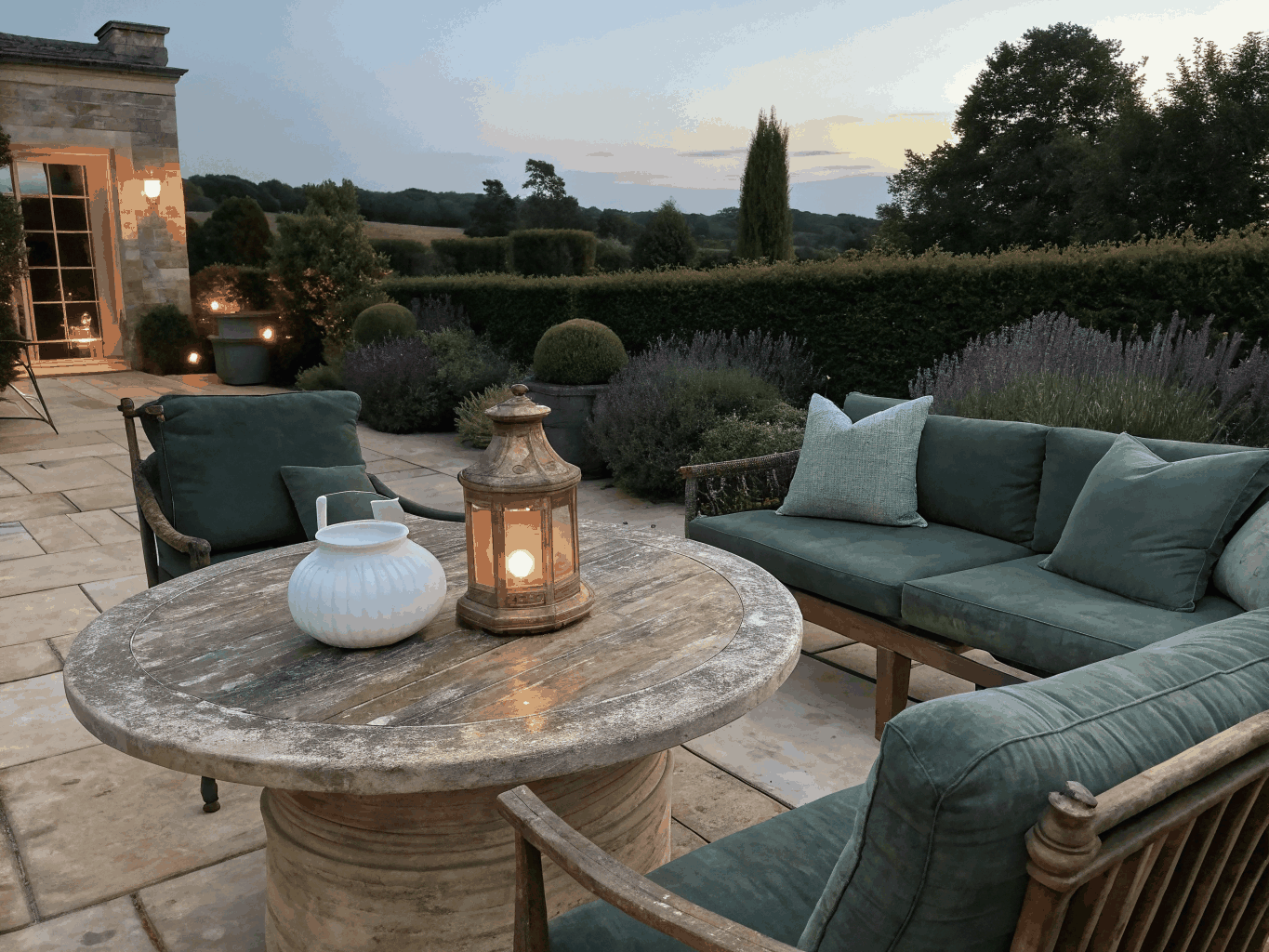 Heated outdoor patio with lush greenery and evening lighting