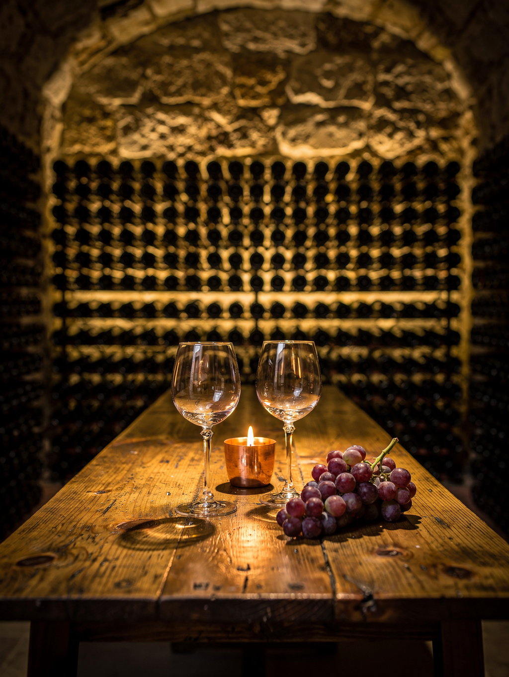 Underground brick wine cellar with soft golden lighting and wine racks